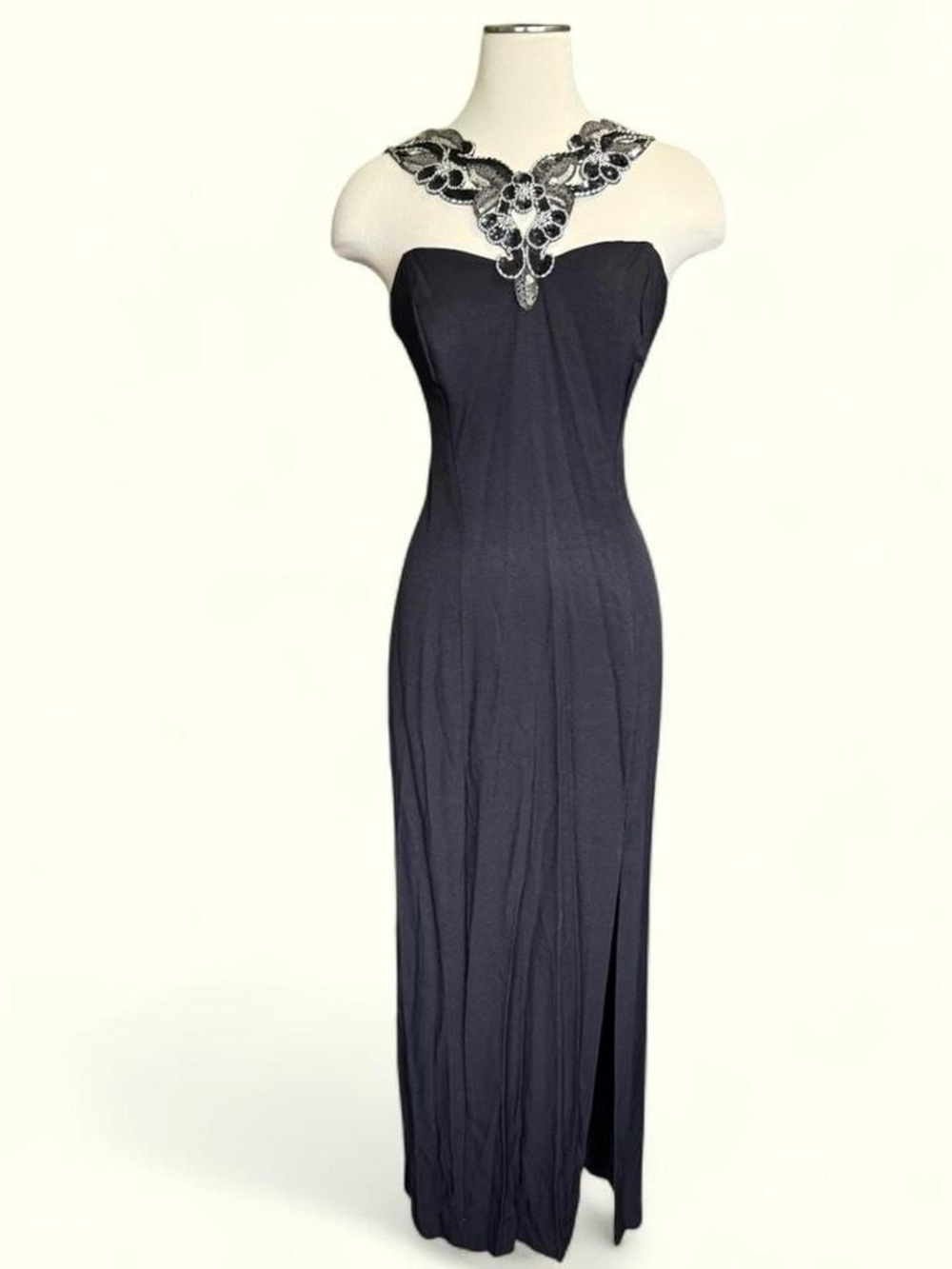 Vintage Zum Zum Black Strapless Gown with Beaded & Sequins Neckline- 12/14